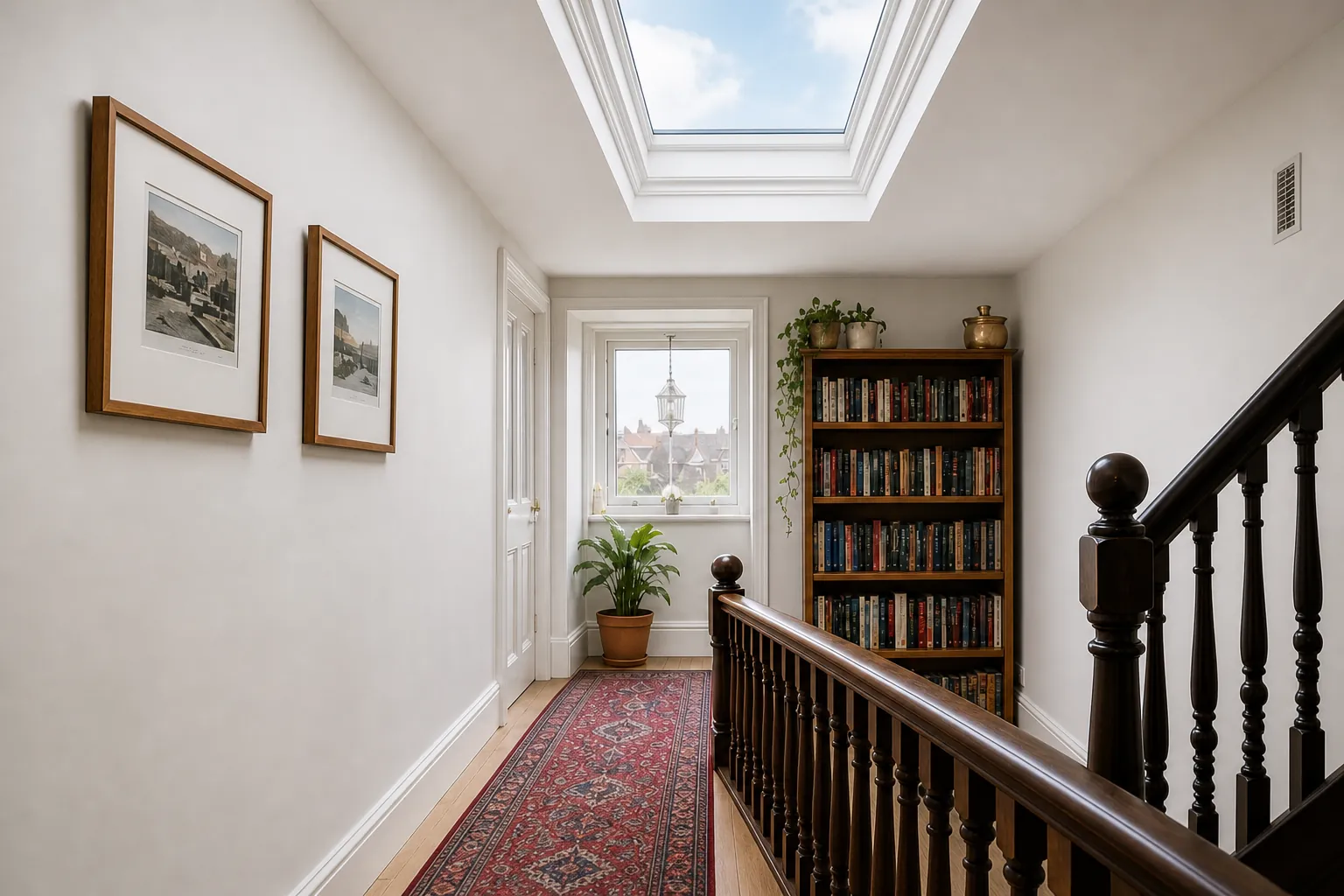 A landing lit from above by a new rooflight, with pictures on the wall and a bookcase at the far end
