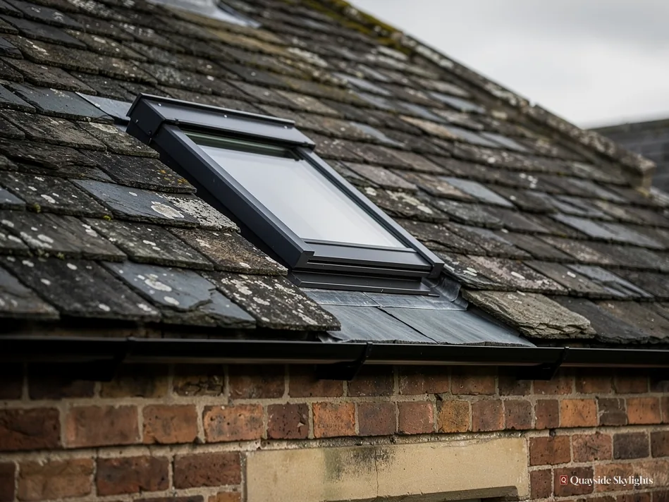 Slim black-framed rooflight set into a weathered slate roof above an old red brick wall