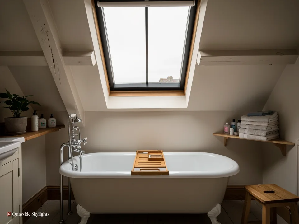 Freestanding bath under a roof window in a sloping ceiling, with shelves of towels