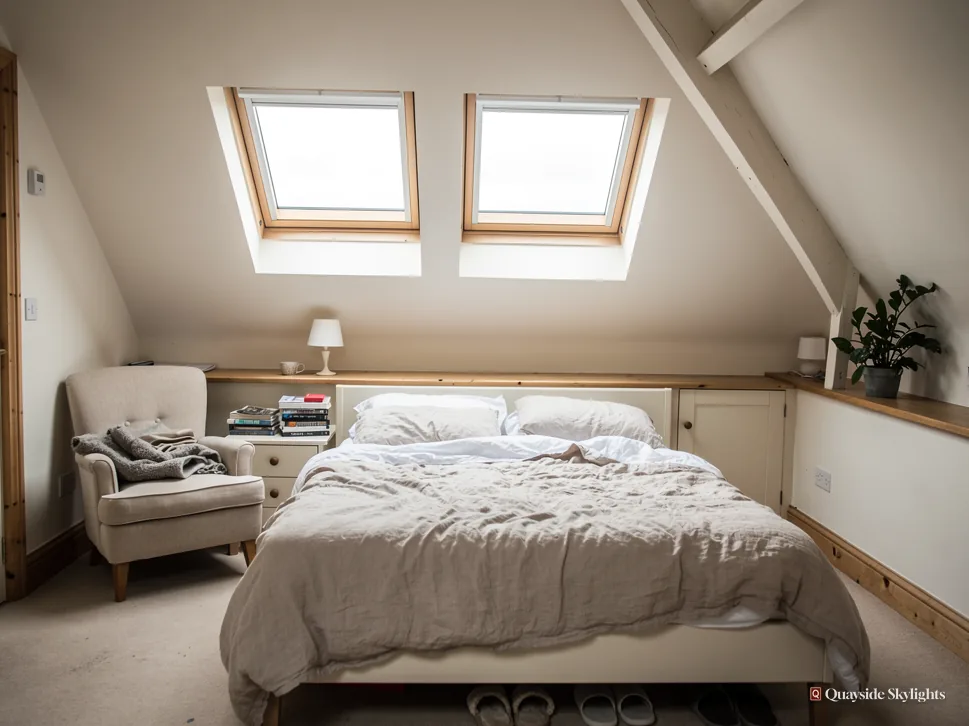 Loft bedroom with two timber roof windows above an unmade bed and a grey armchair