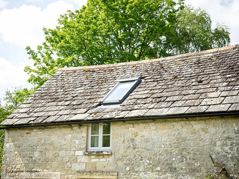 Rubble stone cottage with a stone slate roof holding one slim roof window beneath a tree