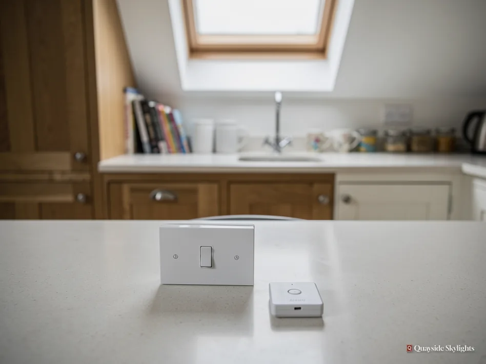 Kitchen worktop with a wall switch and small control unit beneath an opening roof window