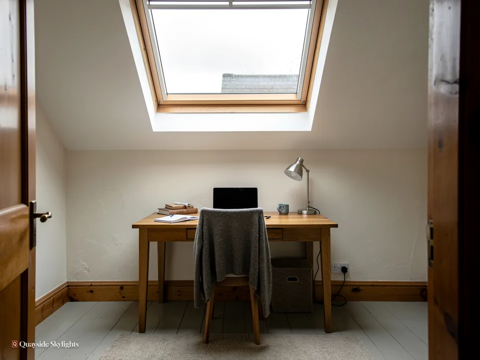 Loft study with a pine roof window above a wooden desk, laptop and angled lamp