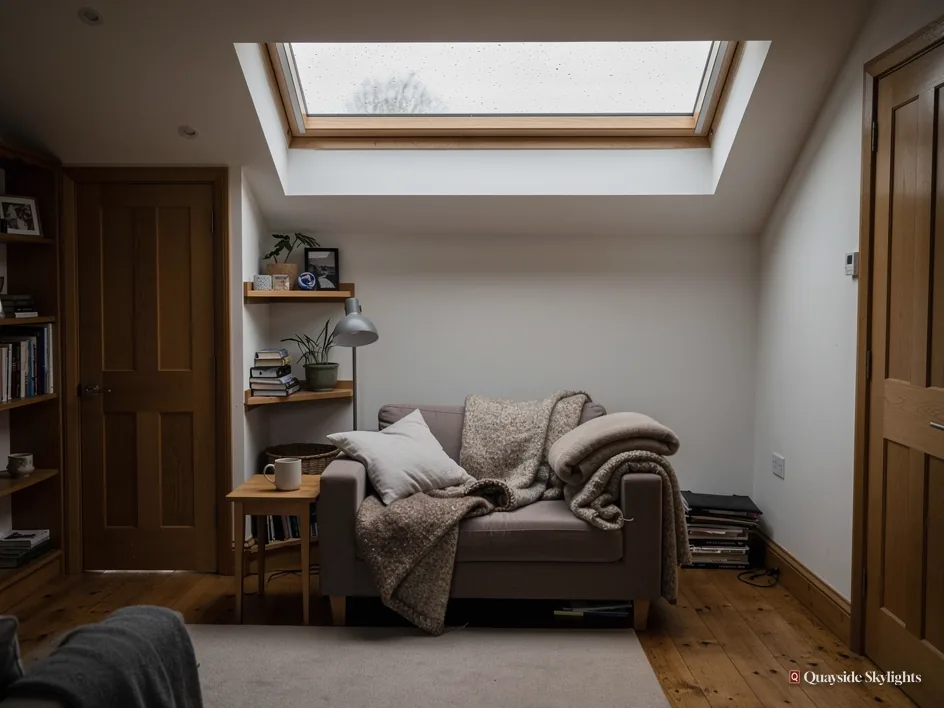 Loft snug with a roof window over a grey sofa, throws and built-in bookshelves