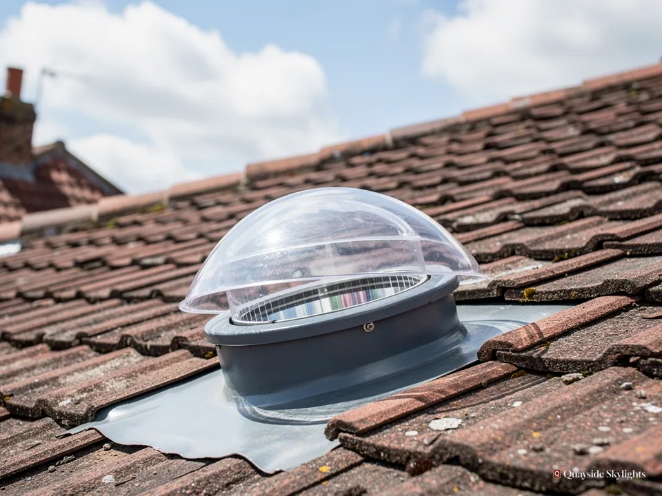 Clear domed sun tunnel cap fitted on a red clay tiled roof under a blue sky