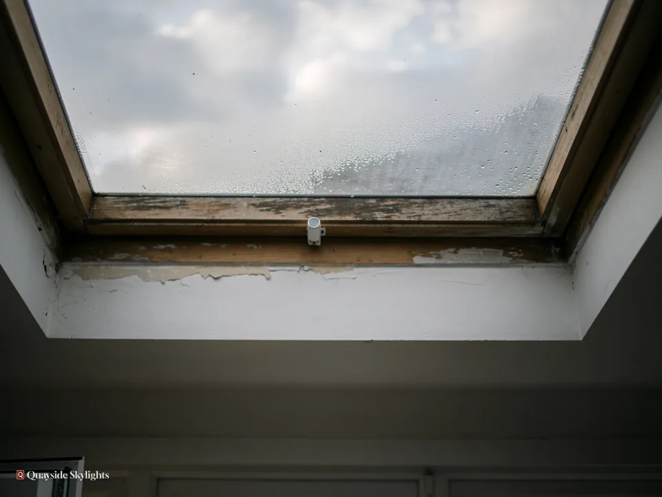 Rooflight glass beaded with condensation above a damp, stained plaster reveal