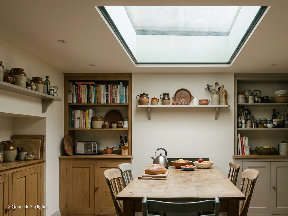 Dining kitchen with a scrubbed table and bookshelves beneath a frameless glass panel in the ceiling