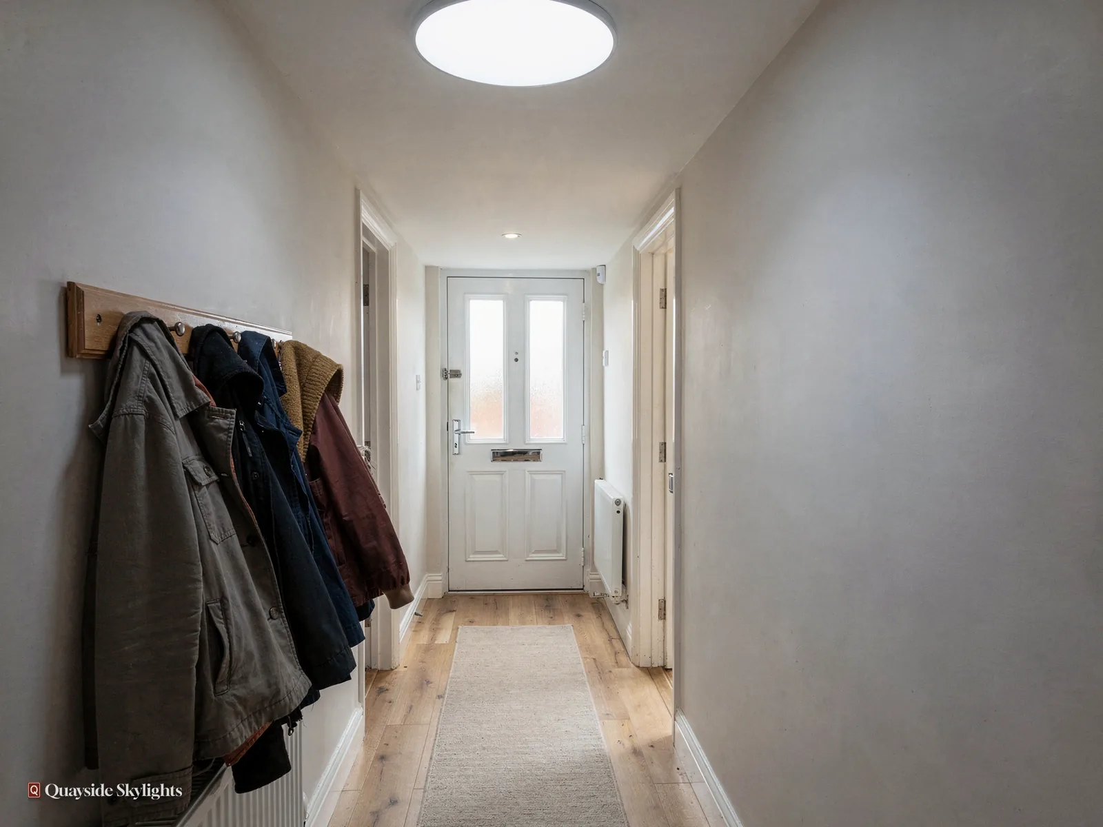 Narrow hallway with coats on hooks, lit from the ceiling by a round sun tunnel diffuser