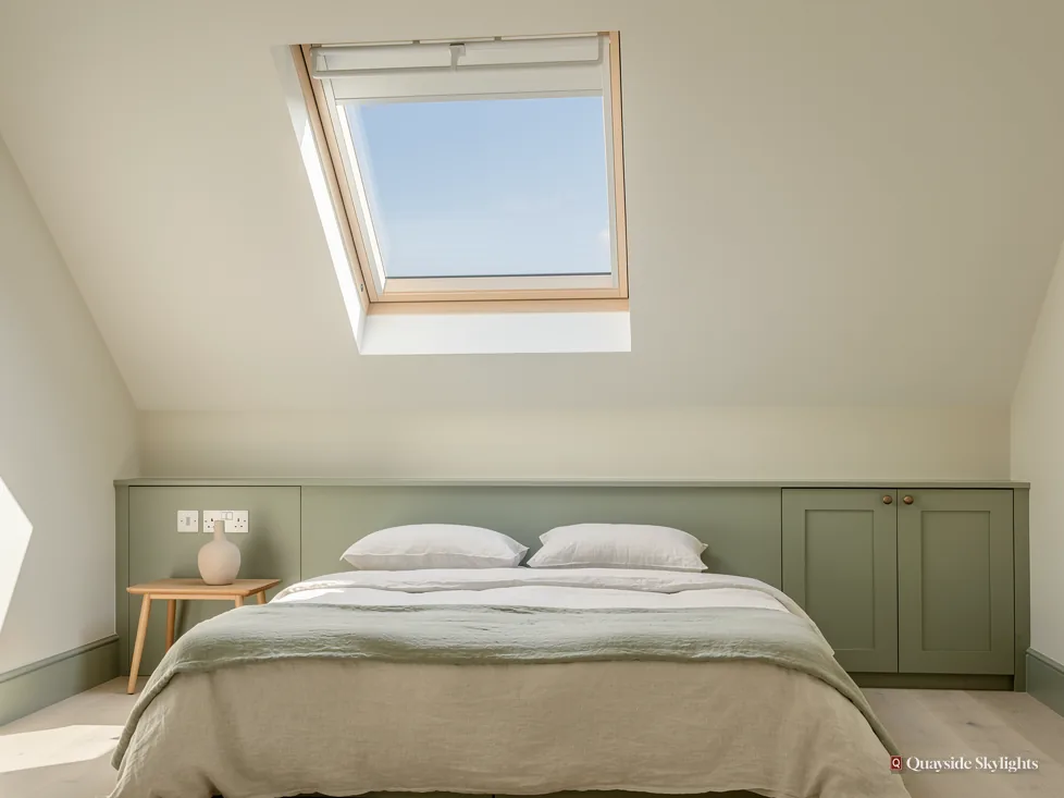 Loft bedroom with a roof window above a made bed and sage green built-in cupboards