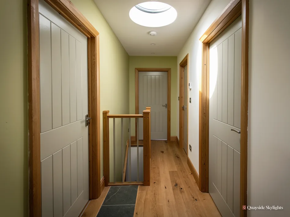 Narrow landing with a sun tunnel diffuser, panelled doors and oak floorboards