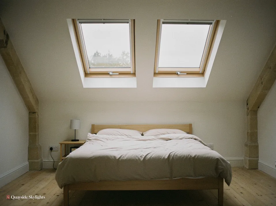 Plain loft bedroom with two pine roof windows above a double bed