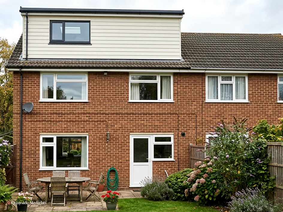Rear of a brick semi with a clad loft dormer, patio table and garden