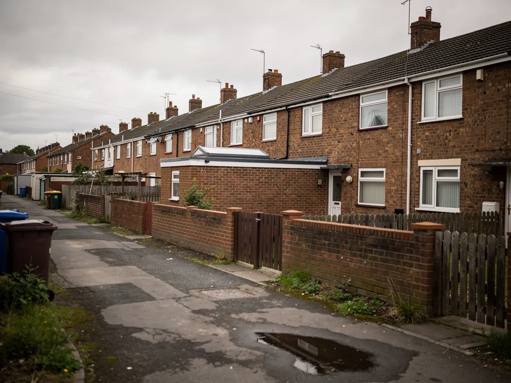 Puddled back lane running behind red brick terraced houses and garden walls
