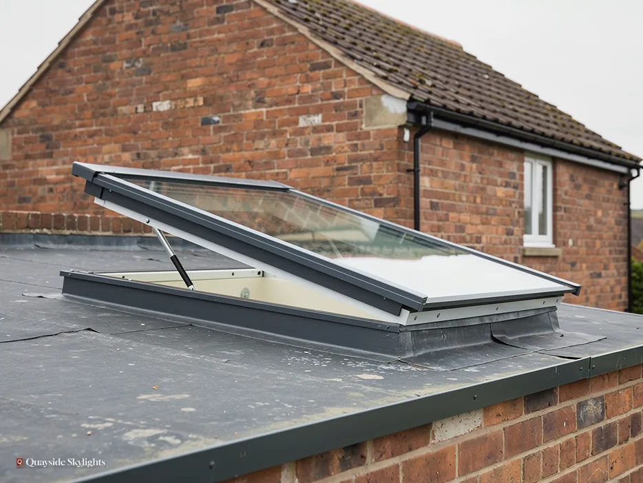 Flat rooflight propped open on a grey flat roof beside a brick house