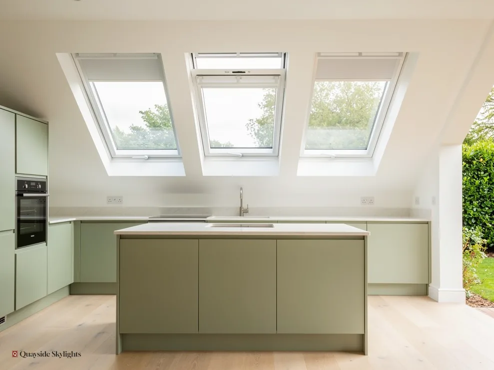 Sage green kitchen with an island beneath three roof windows in a sloping ceiling