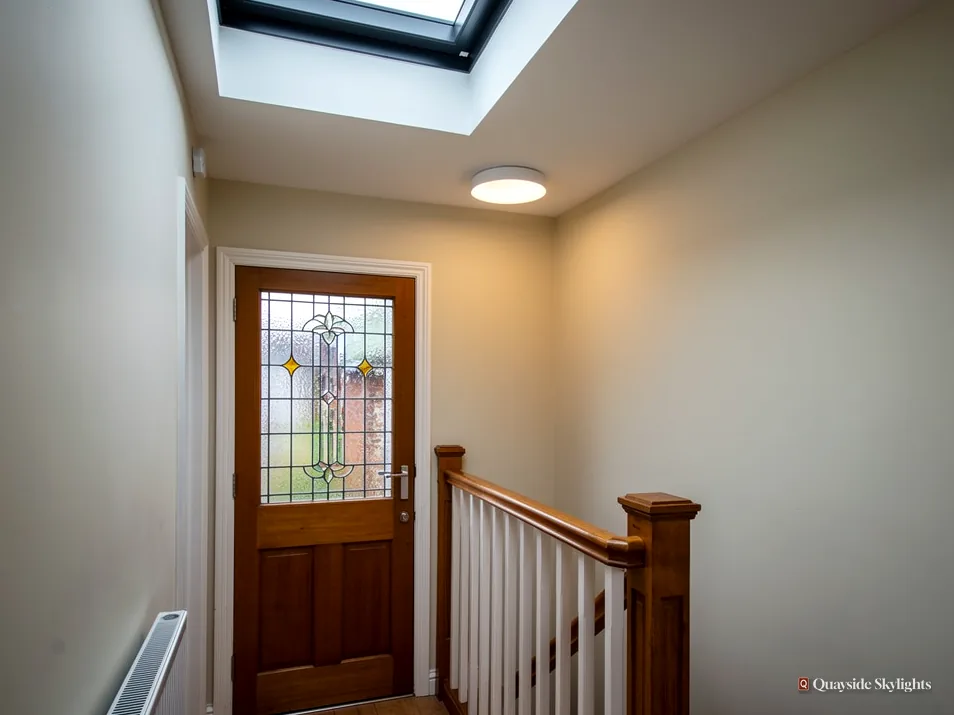 Hallway with a stained glass front door, a staircase and a flat rooflight above