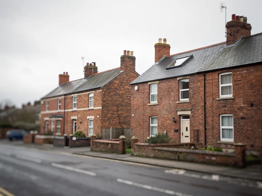 Brick terraced houses with chimneys and low front walls along a quiet road
