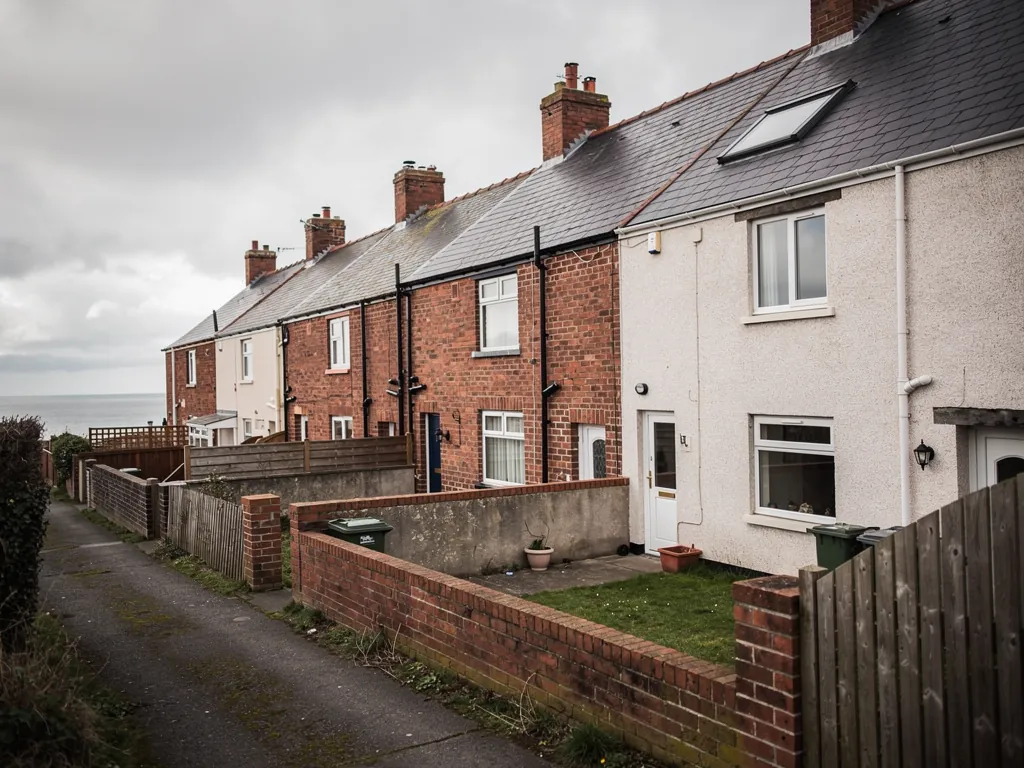 Back lane behind brick and white-painted terraces with the sea on the horizon