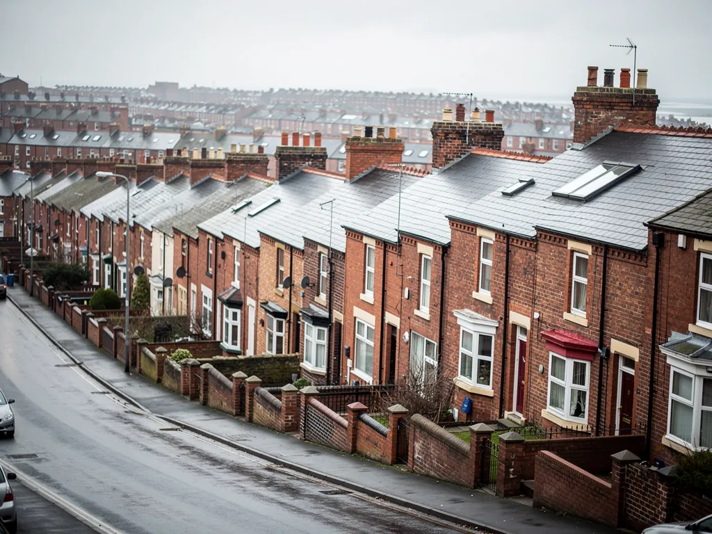 Rows of brick terraced houses on a wet street seen from above