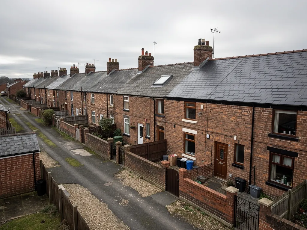 Back lane with bins behind brick terraces and a roof window on one slate roof