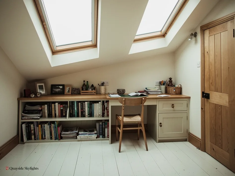 Loft study with two roof windows, a wall of books and a panelled door