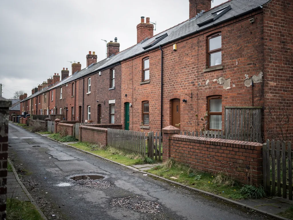 Long back lane beside red brick terraced houses with walled yards
