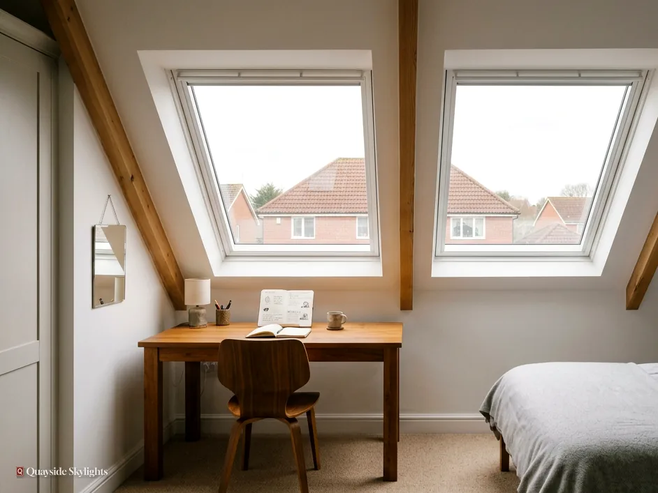 Loft bedroom with a desk and chair beneath two roof windows in the slope