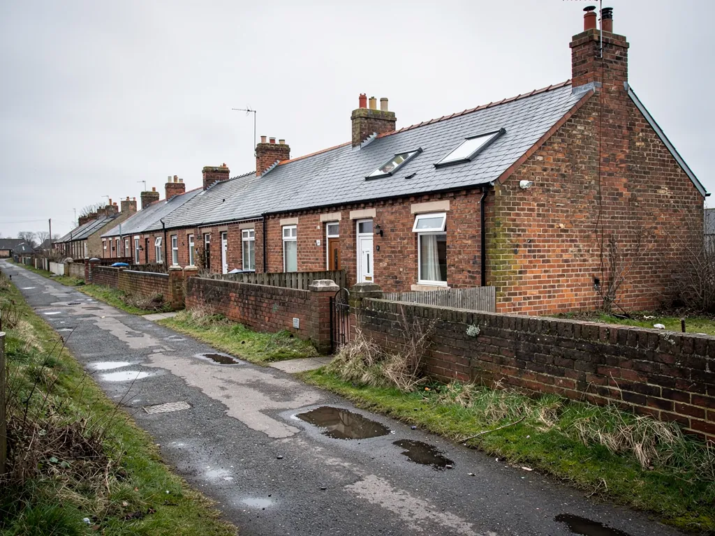 Brick terraced row behind a stone wall along a wet, weedy lane