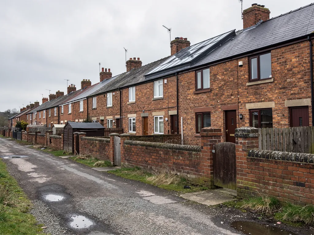 Back lane with potholes beside brick terraces and yard walls