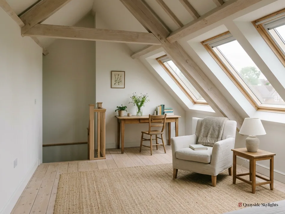 Loft room with exposed beams, roof windows, an armchair and a small desk