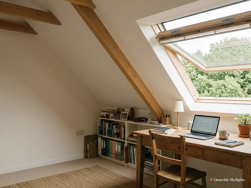 Loft study with a roof window open over a desk, laptop and bookshelf