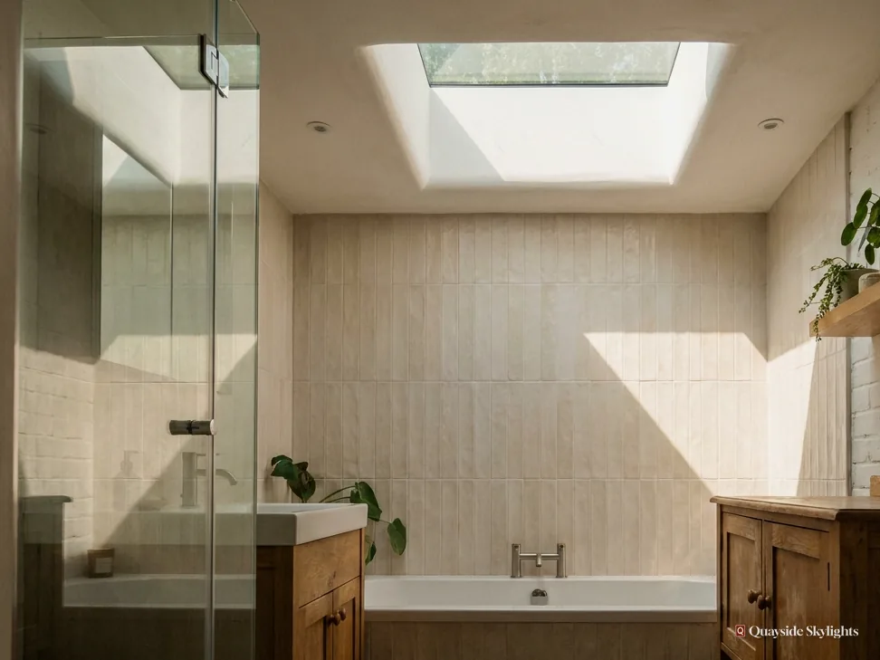 Bathroom with a glass shower screen and stone tiles under a flat rooflight