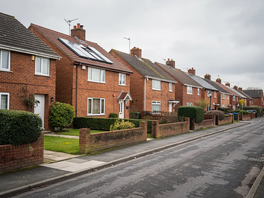 Street of modern brick semis with roof windows and neat front lawns