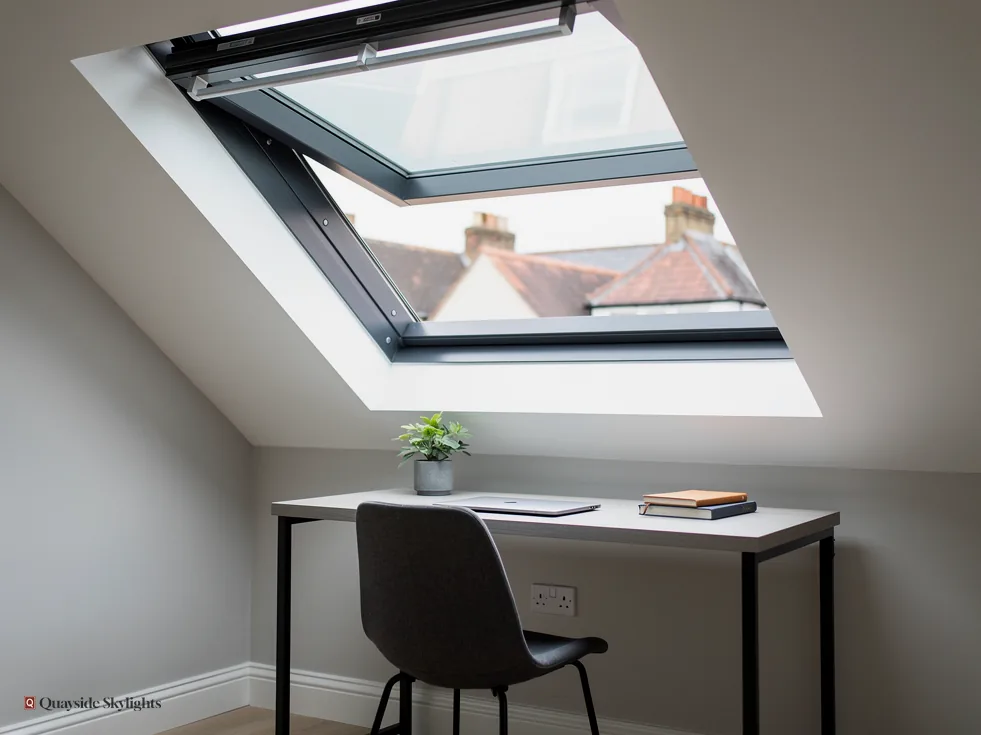 Home office corner with a grey roof window tilted open above a desk and chair