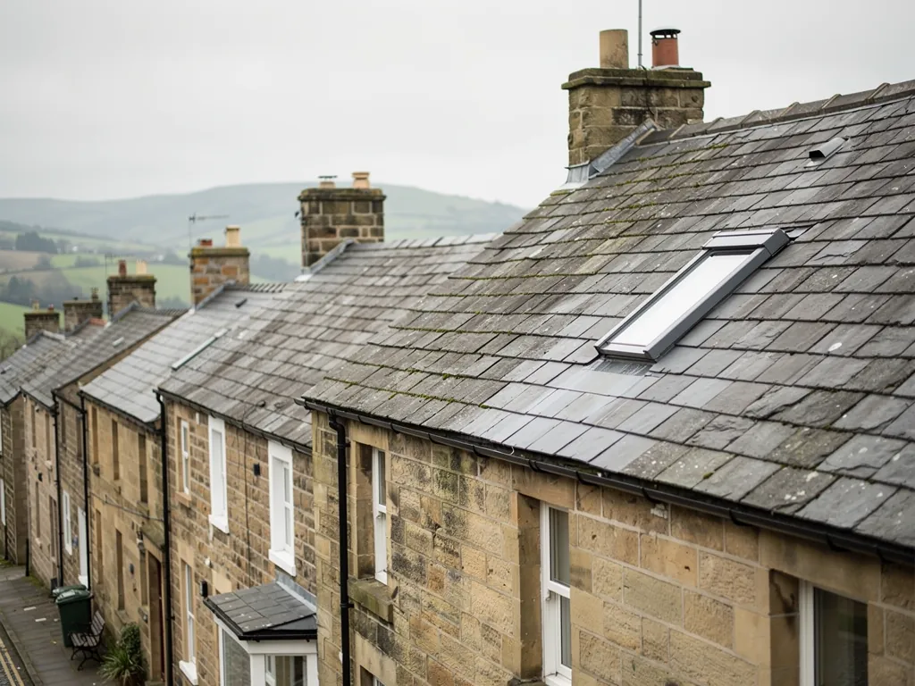 Sandstone terraced rooftops with chimneys and a roof window, hills in the distance