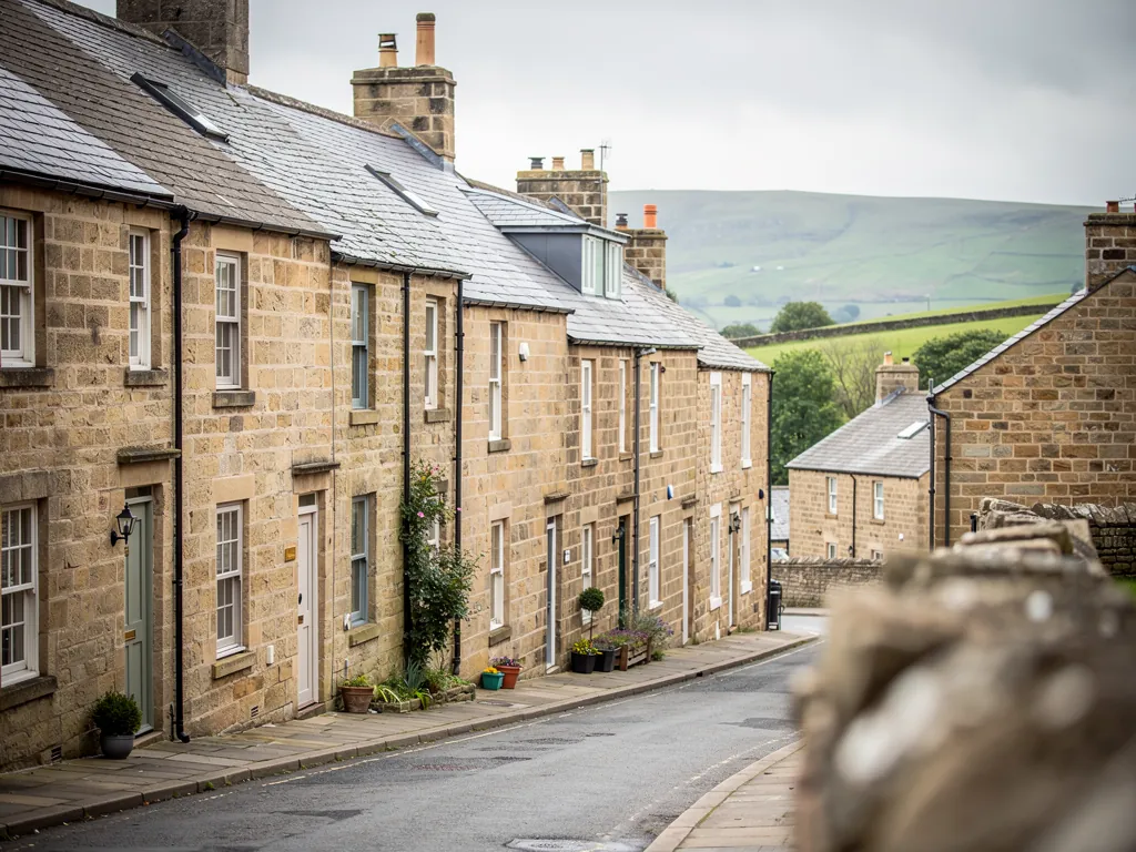 Sandstone terraced cottages on a village street with green hills behind