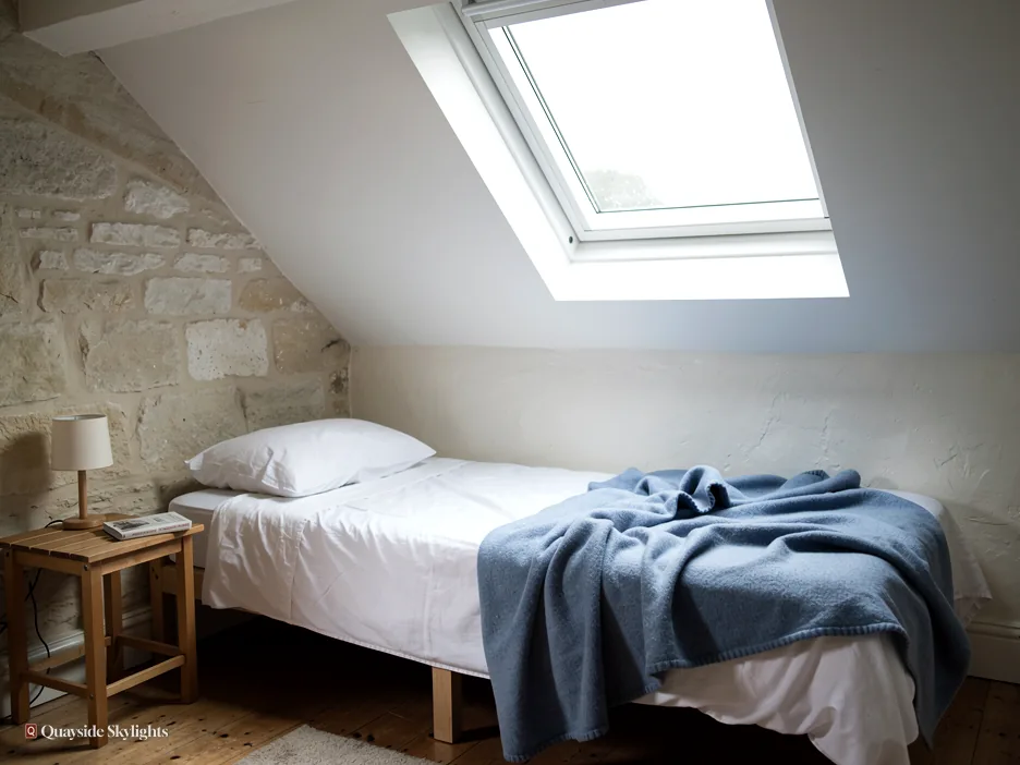 Small bedroom with a bare stone wall, a roof window and a blue throw on the bed