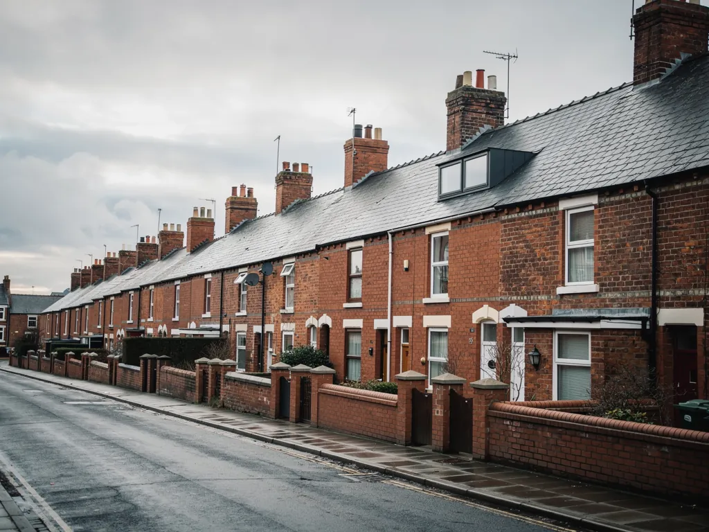 Long street of red brick terraced houses with a dormer and low walls