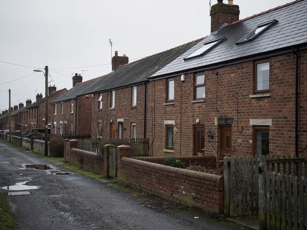 Back lane with puddles behind brick terraces with roof windows