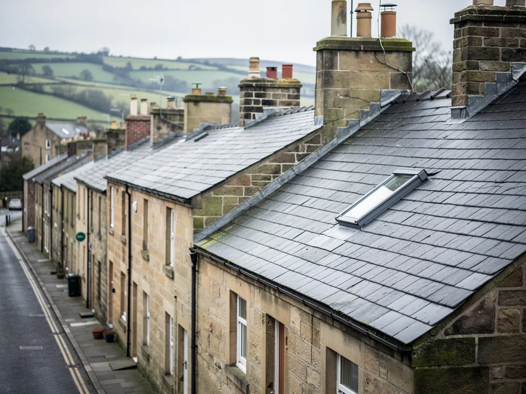 Sandstone terraced rooftops with a roof window, chimneys and green fields beyond