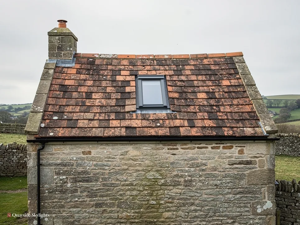 Stone outbuilding with a red pantile roof and roof window beside fields