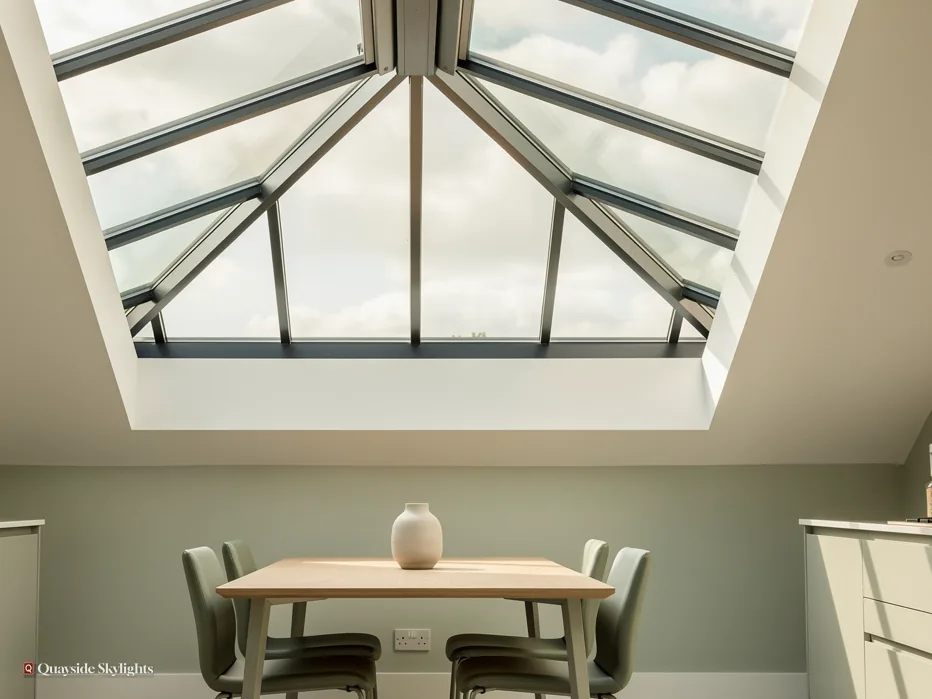 Dining table and chairs under a glazed roof lantern in a sage-green room