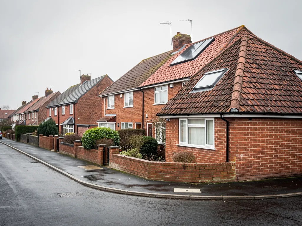 Brick semis with tiled roofs and a roof window on a wet suburban street