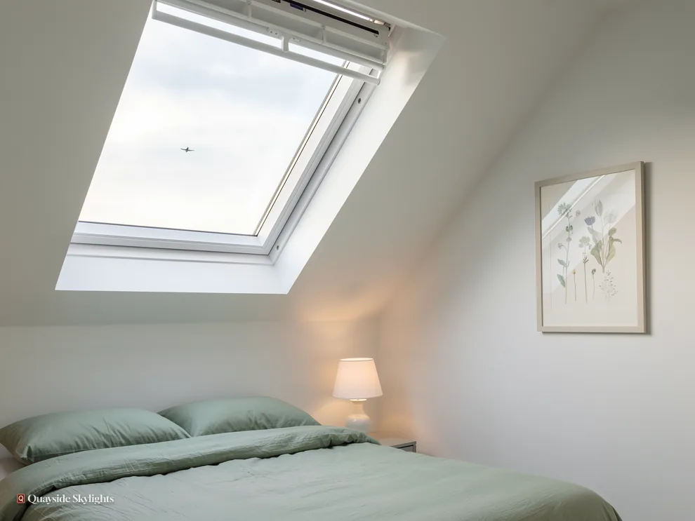 Bedroom with a white roof window above a sage green bed and a lit lamp