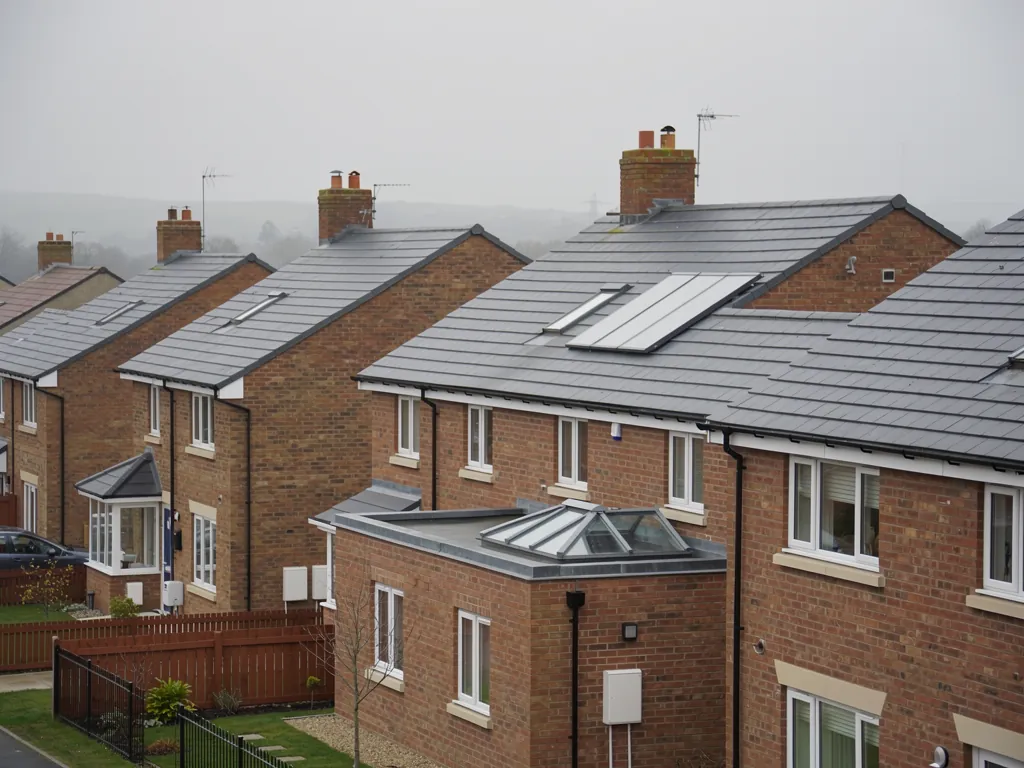 Newer brick houses with grey roofs and roof windows on a misty day