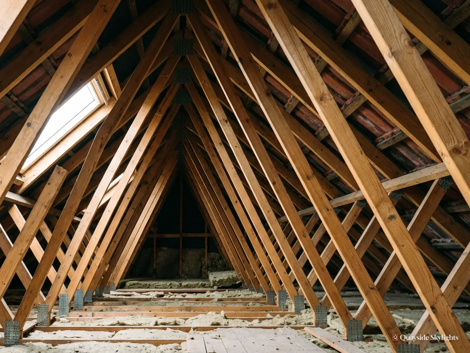 Unconverted loft with exposed timber trusses and light from one roof window