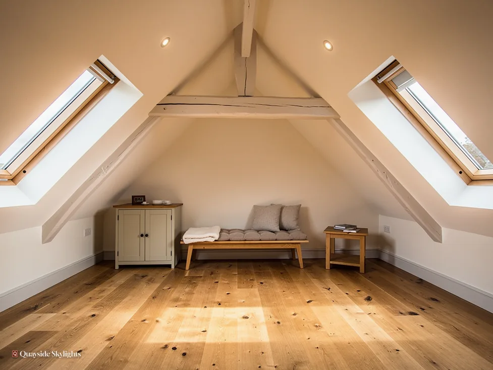 Attic room with two roof windows, a daybed and a painted cabinet