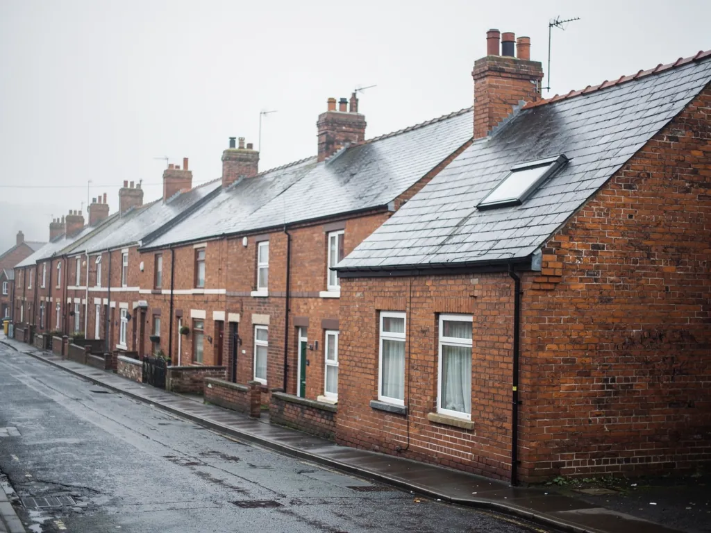 Red brick terraces with roof windows along a wet street