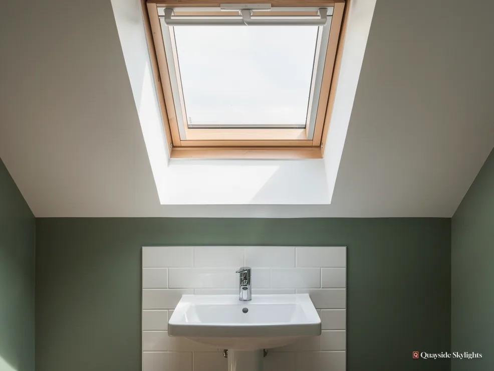 Bathroom basin against sage green walls under a pine roof window