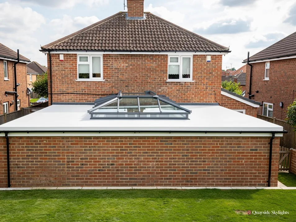 Back of a brick house with a flat-roofed extension and roof lantern above a lawn
